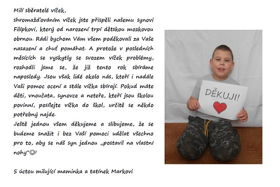 Poděkování a informace o ukončení sběru víček pro Filípka Marků